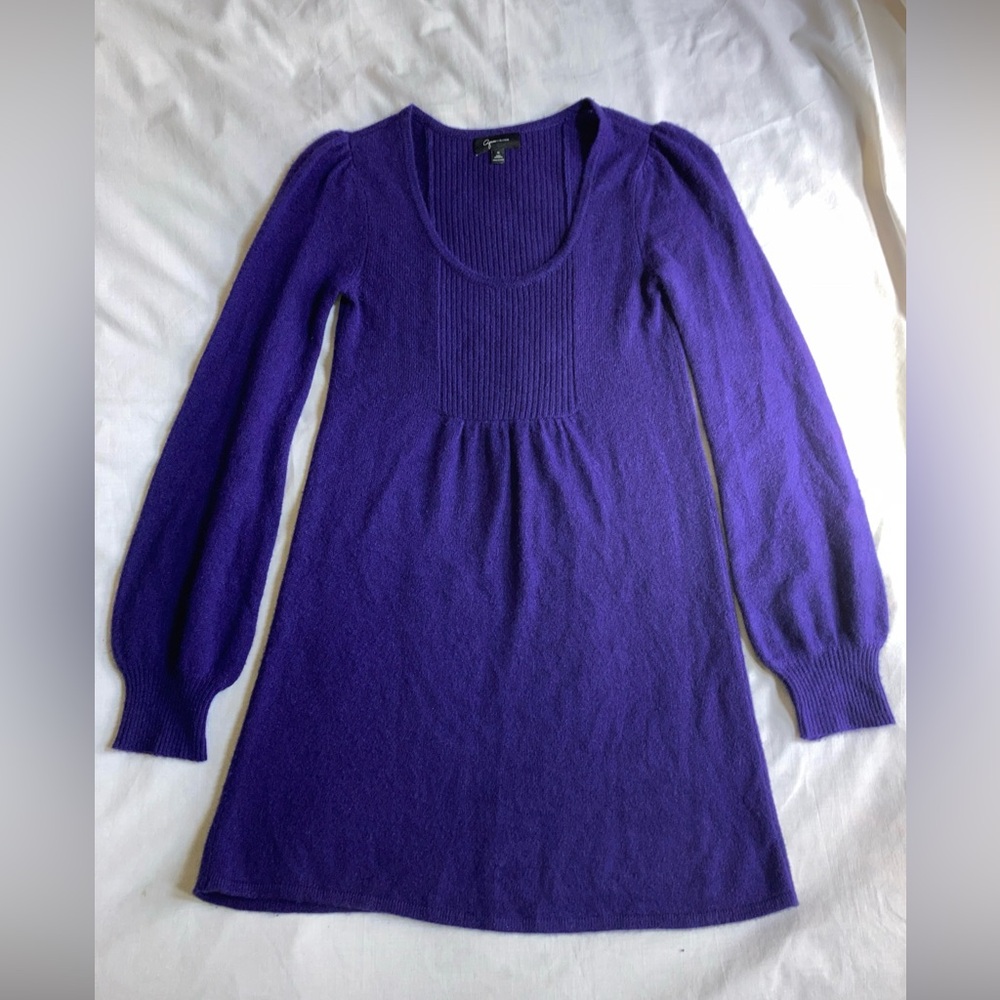 AQUA 100% CASHMERE Purple U-NECK Ribbed Flare Sweater Dress Bloomingdales